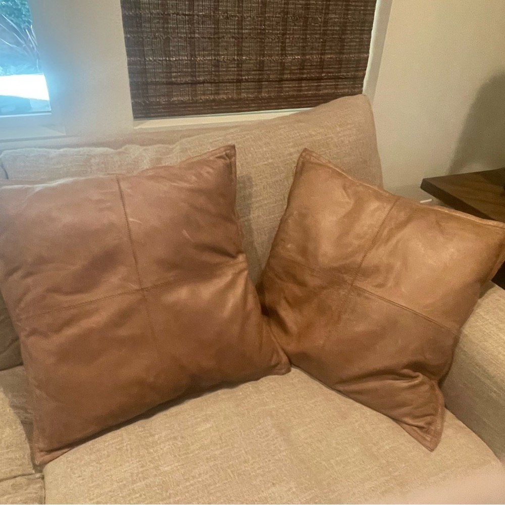 Pottery Barn Pierced leather pillow covers 20x 20- set of 2.  Carmel color.